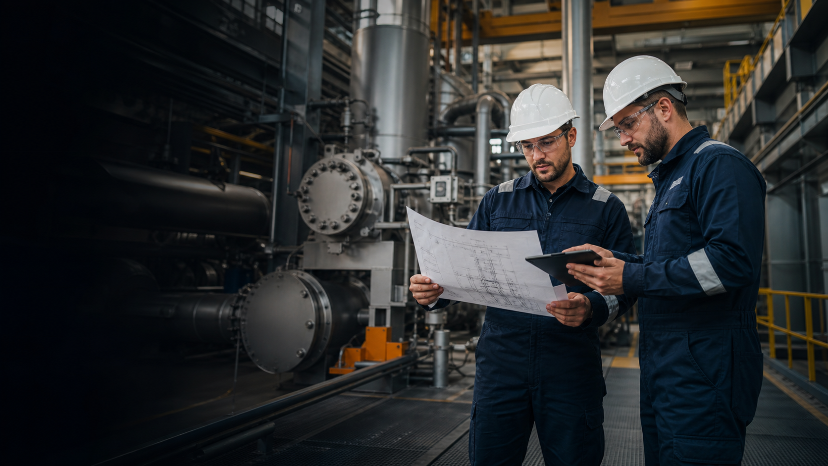 Engenheiros analisando desenho técnico em área industrial